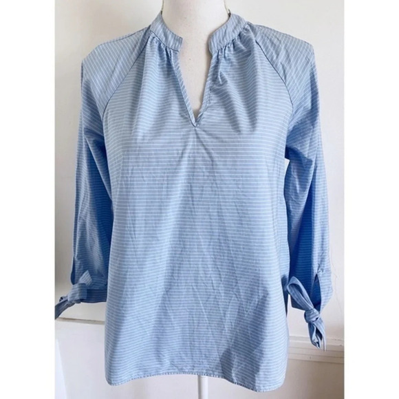 Madewell • Blue White Horizontal Striped Tie-Sleeve Popover Top - Picture 1 of 8